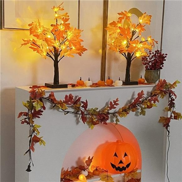 2 Pack Fall Maple Tree with 48 LEDs Artificial Pumpkins Maple Acorn Tree - Picture 3 of 6